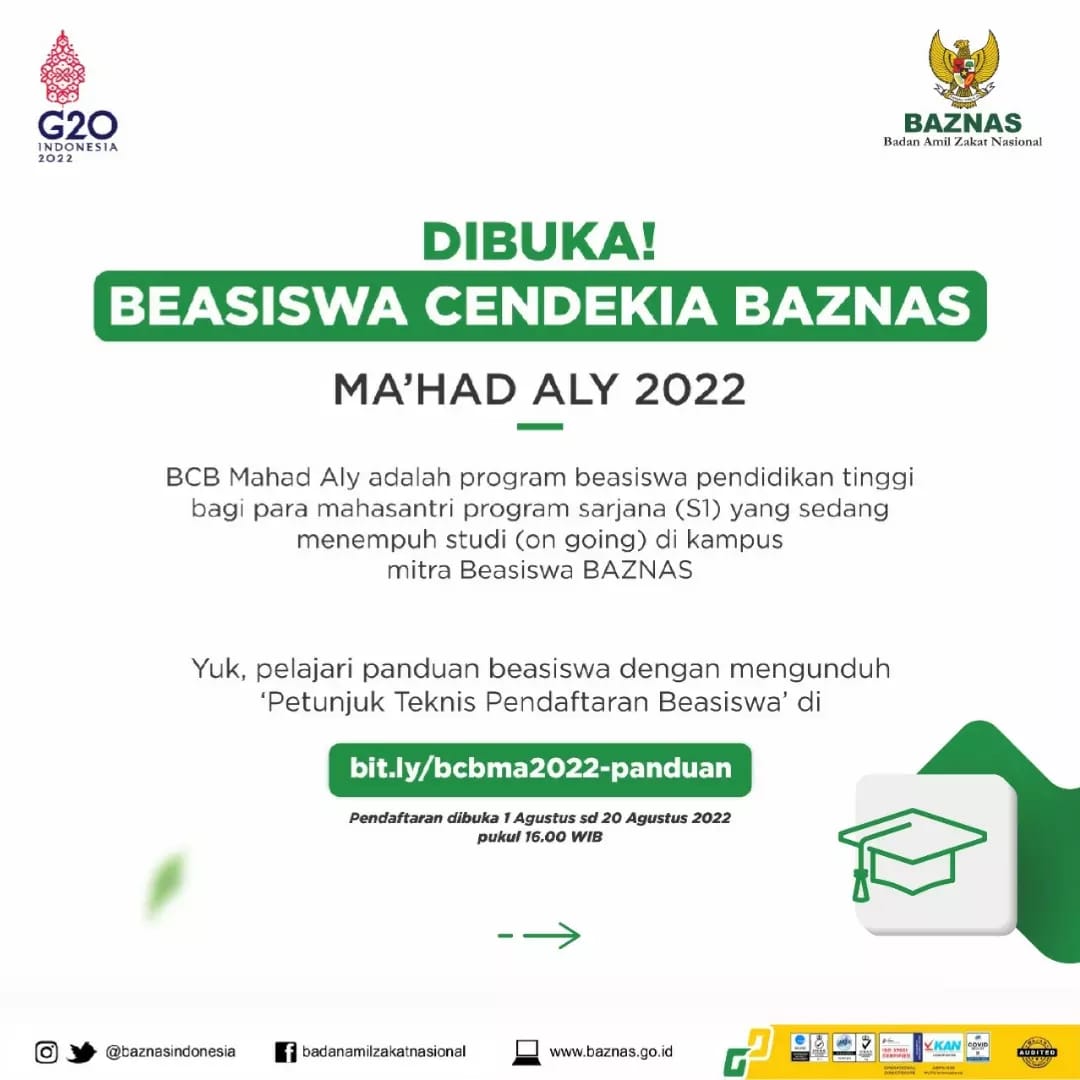 Dibuka ! Beasiswa Cendekia BAZNAS Mahad Aly 2022