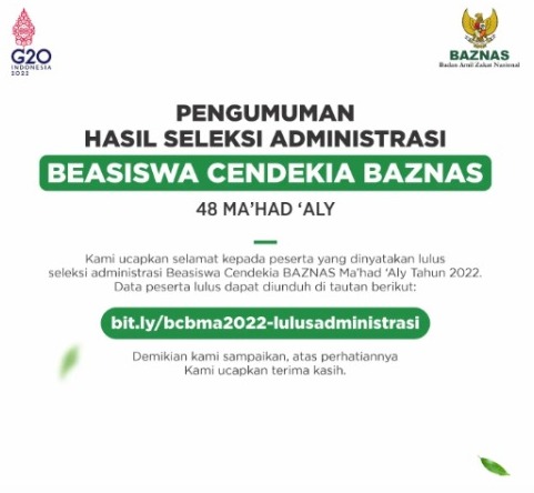 PENGUMUMAN HASIL BEASISWA MA'HAD ALY 2022